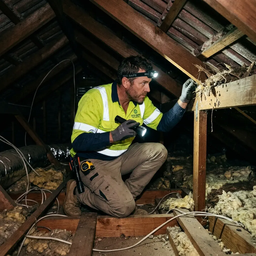 Technician inspecting a Gladstone Park roof cavity for a dead possum